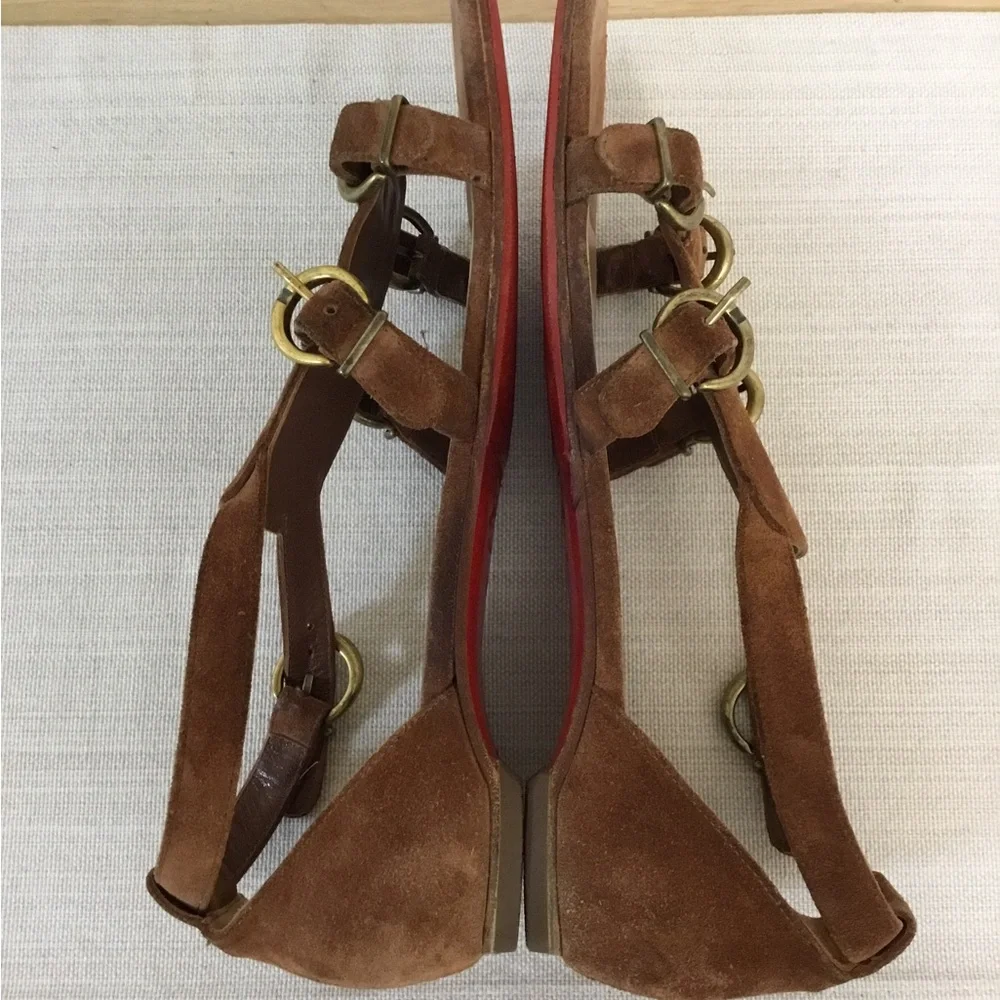 Christian Louboutin Brown Suede Strappy Flat Sandals with Gold Buckles